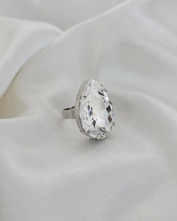 Manhattan Rose Pink Teardrop Crystal Ring, Rhodium Metal, 3cm long - Image 11