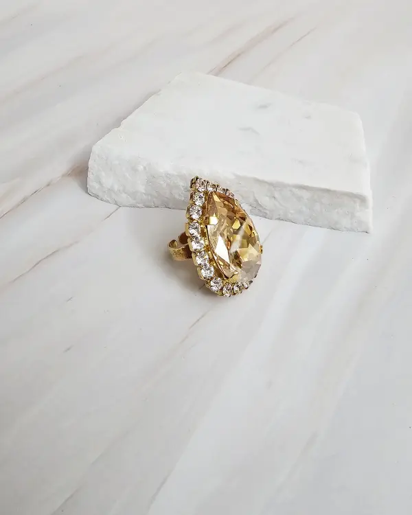 Moonlight Romance Ring, Sahara Gold Teardrop 4cm Crystal, Gold Metal