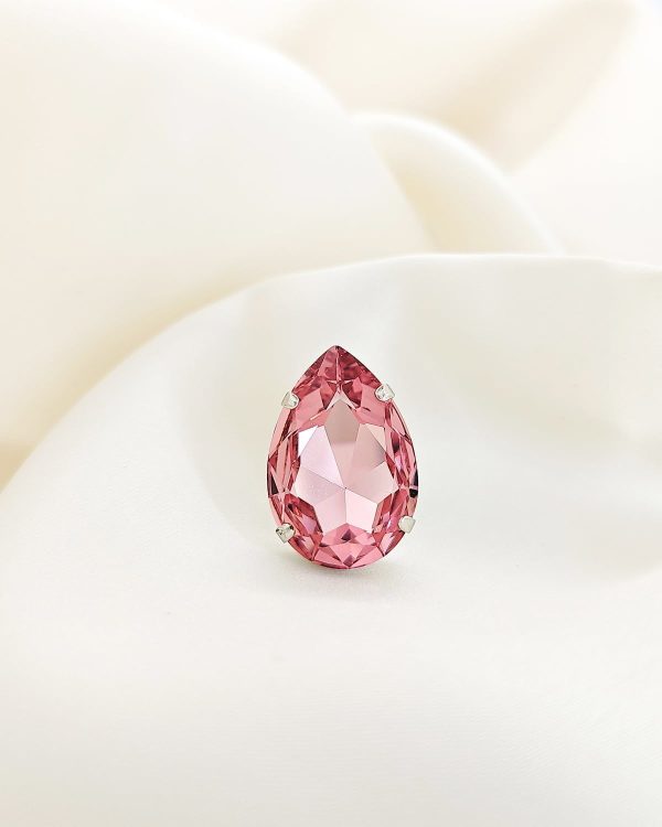 Manhattan Rose Pink Teardrop Crystal Ring, Rhodium Metal, 3cm long - Image 4