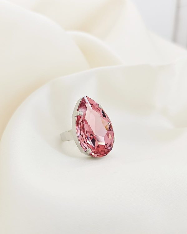 Manhattan Rose Pink Teardrop Crystal Ring, Rhodium Metal, 3cm long