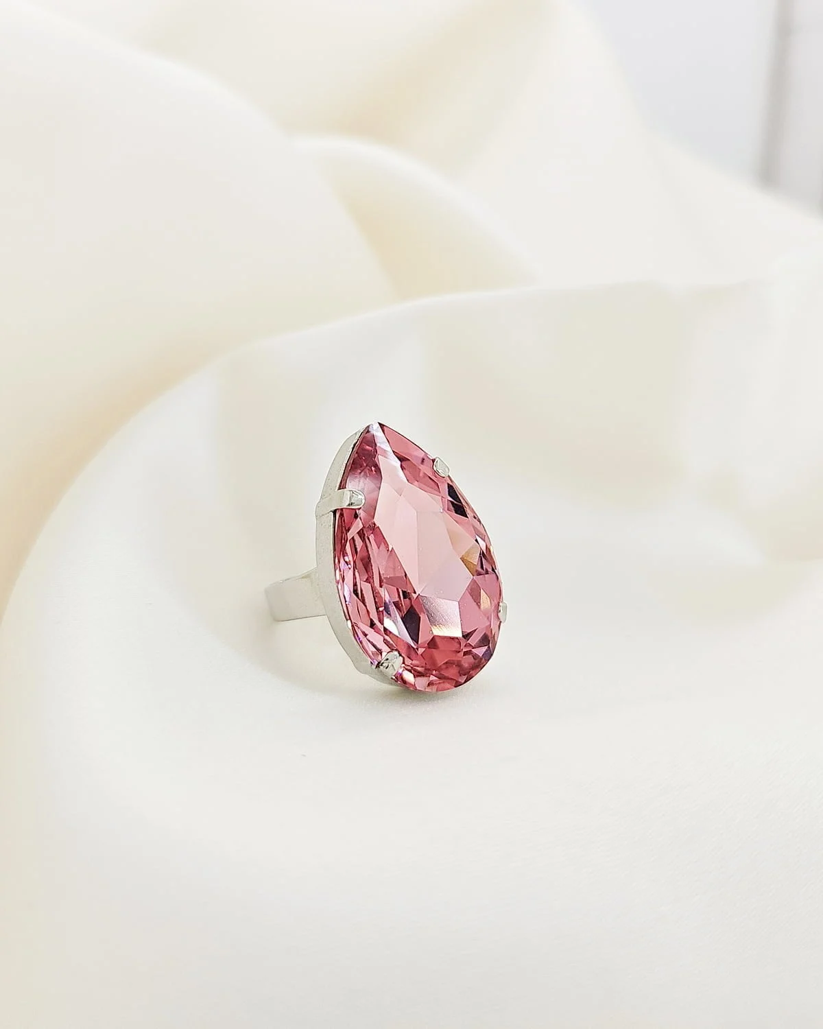 Manhattan Rose Pink Teardrop Crystal Ring, Rhodium Metal, 3cm long