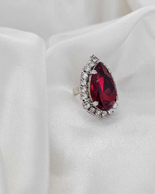 Manhattan Rose Pink Teardrop Crystal Ring, Rhodium Metal, 3cm long - Image 13