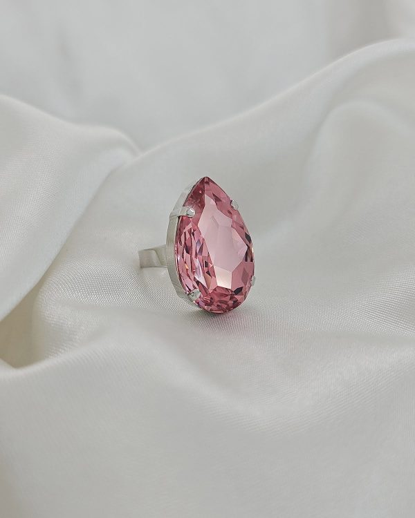 Manhattan Rose Pink Teardrop Crystal Ring, Rhodium Metal, 3cm long - Image 8