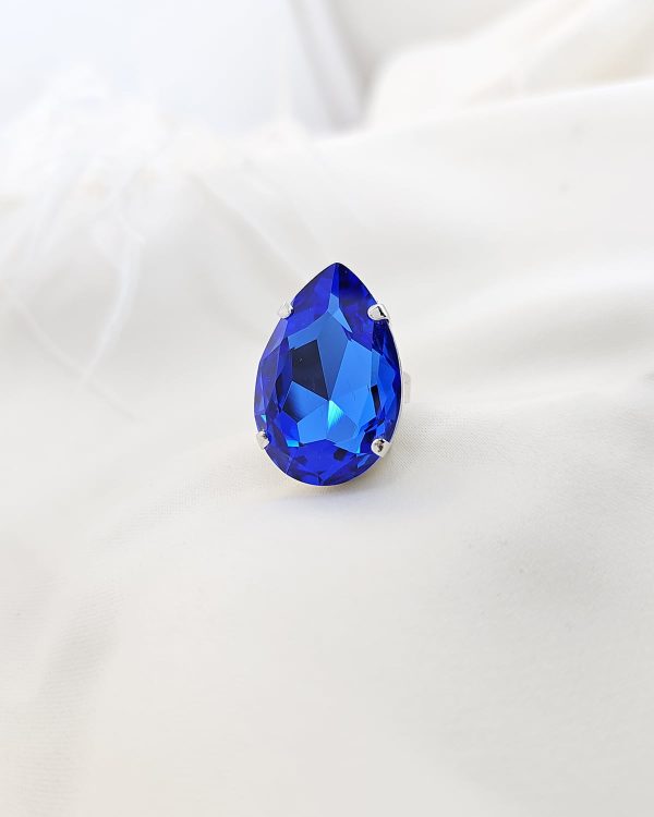 Manhattan Peacock Blue Teardrop Crystal Ring, Rhodium Metal, 3cm long - Image 2