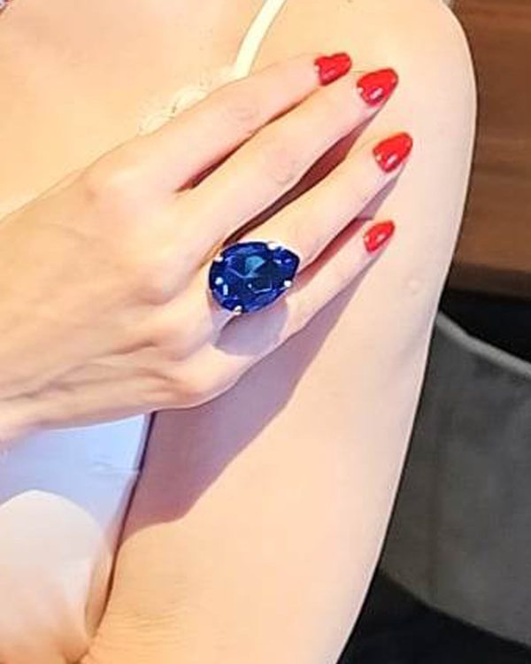 Manhattan Peacock Blue Teardrop Crystal Ring, Rhodium Metal, 3cm long