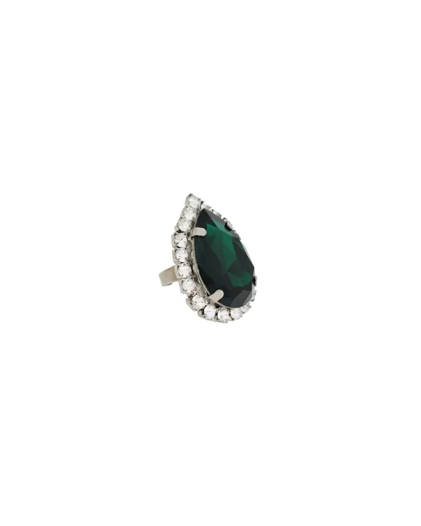 Moonlight Green Teardrop Crystal Ring, Rhodium Metal, 4cm long - Image 5