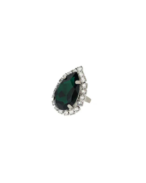 Moonlight Green Teardrop Crystal Ring, Rhodium Metal, 4cm long - Image 4