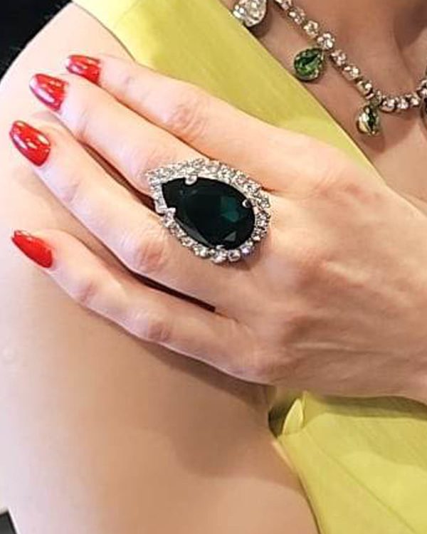Moonlight Green Teardrop Crystal Ring, Rhodium Metal, 4cm long - Image 2