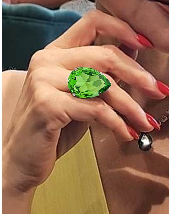 Manhattan Chartreuse Green Teardrop Crystal Ring, Rhodium Metal, 3cm long - Image 2
