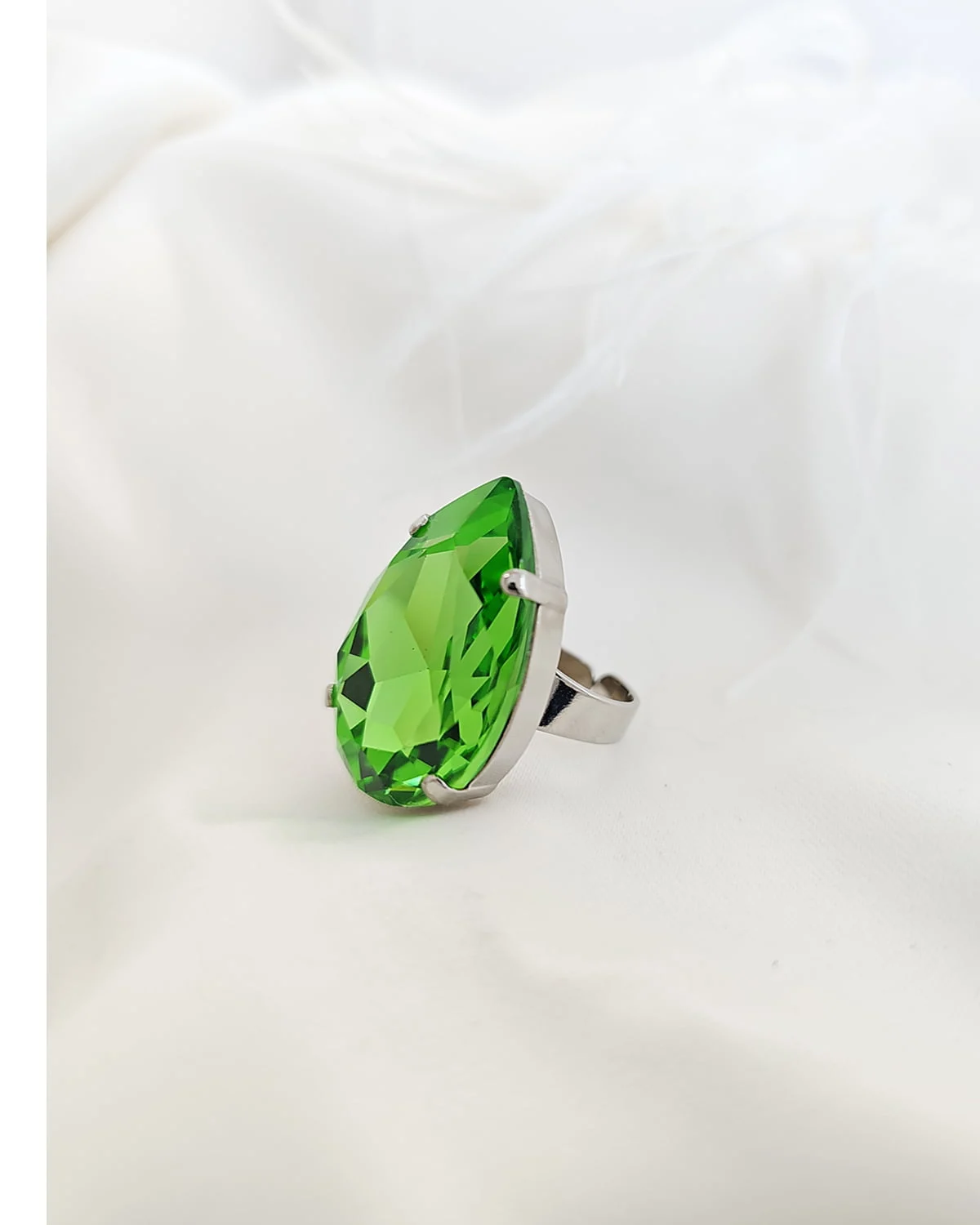 Manhattan Chartreuse Green Teardrop Crystal Ring, Rhodium Metal, 3cm long