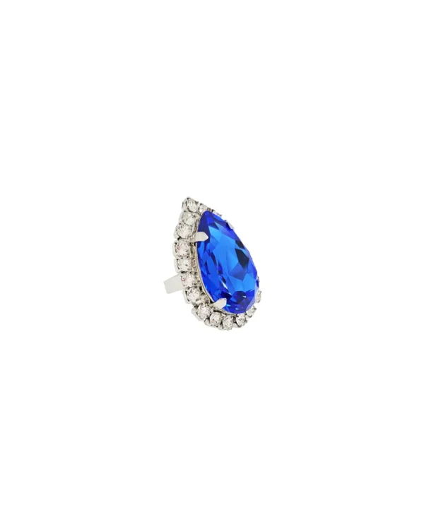 Moonlight Blue Teardrop Crystal Ring, Rhodium Metal, 4cm long - Image 5