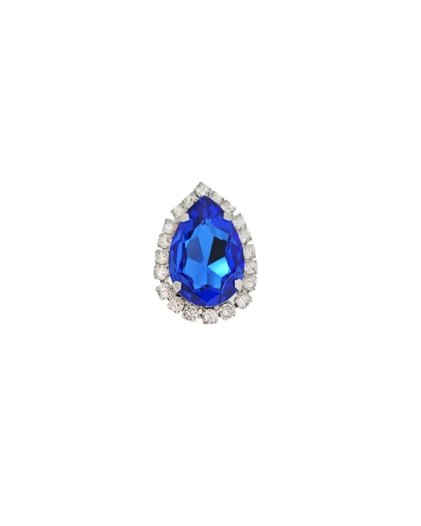 Moonlight Blue Teardrop Crystal Ring, Rhodium Metal, 4cm long - Image 3