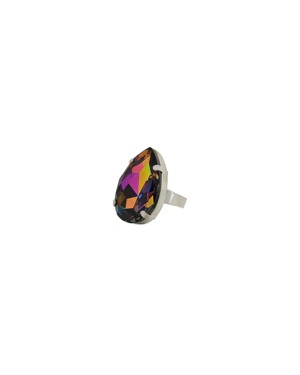 Manhattan Multi-Coloured Teardrop Crystal Ring, Rhodium Metal, 3cm long - Image 3