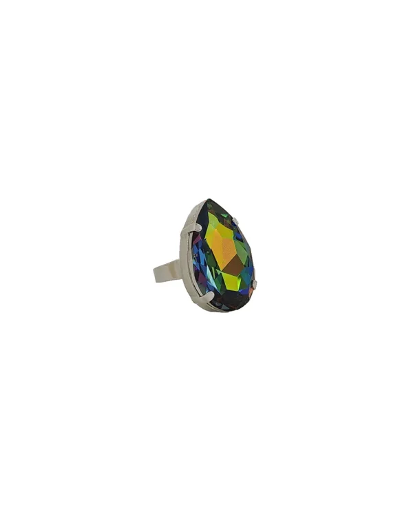 Manhattan Multi-Coloured Teardrop Crystal Ring, Rhodium Metal, 3cm long
