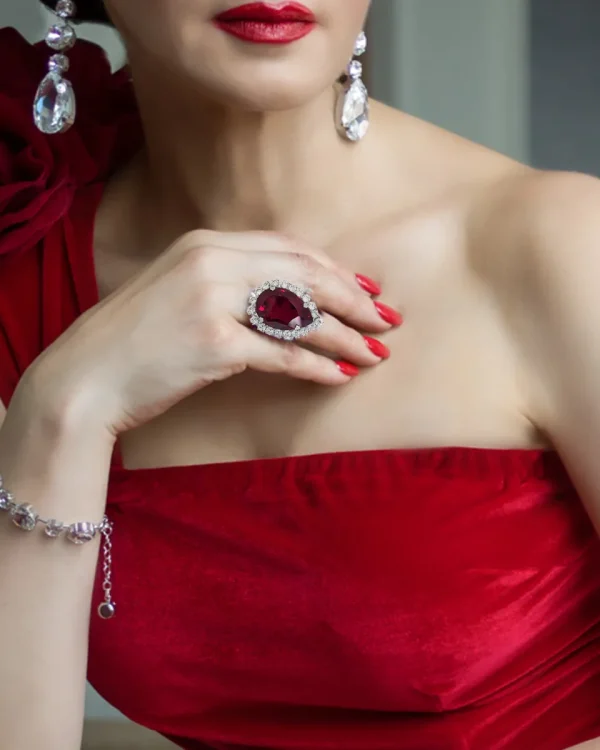 Moonlight Red Teardrop Crystal Ring, Rhodium Metal, 4cm long - Image 2