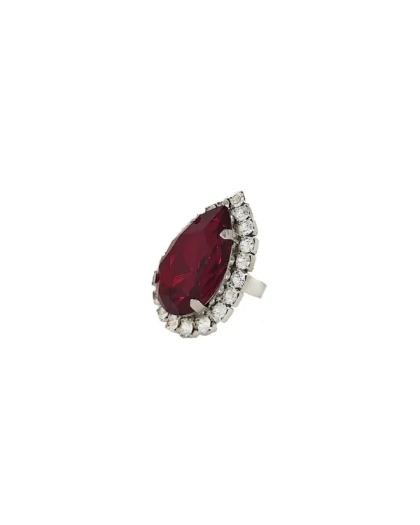 Moonlight Red Teardrop Crystal Ring, Rhodium Metal, 4cm long - Image 4