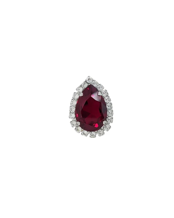 Moonlight Red Teardrop Crystal Ring, Rhodium Metal, 4cm long - Image 3