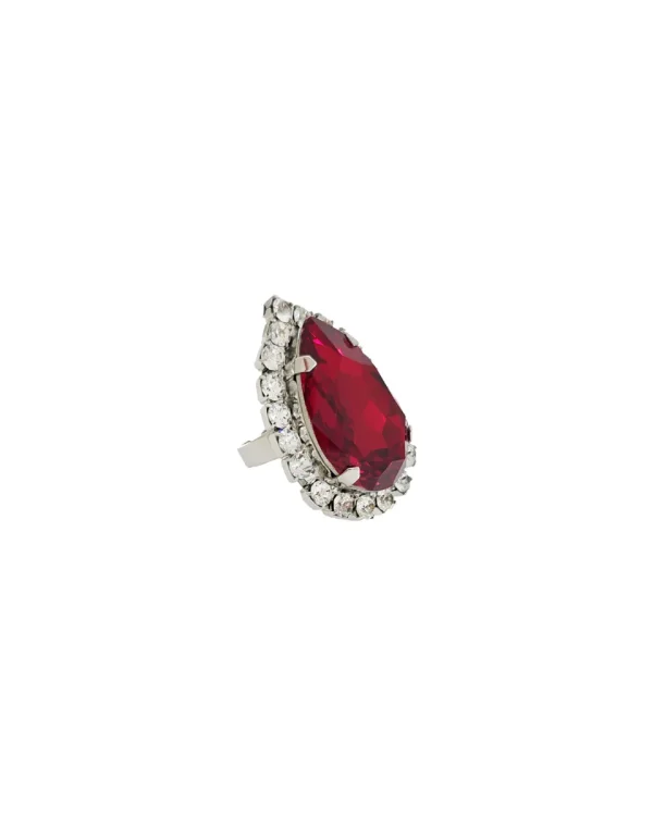 Moonlight Red Teardrop Crystal Ring, Rhodium Metal, 4cm long