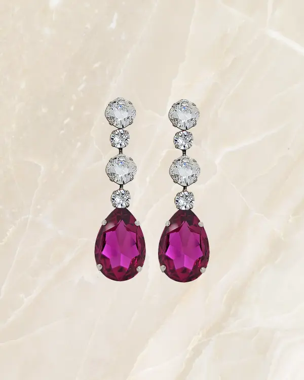 Astor Chiffon Fuchsia Pink and Clear Crystal Long Chandelier Earrings, Silver Metal, handmade by Redki Couture Jewellery