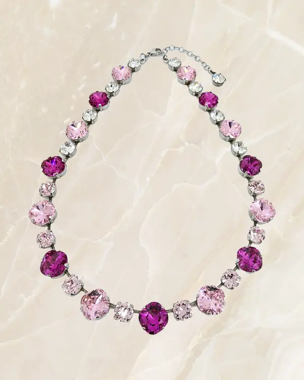Stunning Halo Pink and Clear Crystal Necklace, Gold Metal, perfect for any event. Hand Made by Redki Couture Jewellery